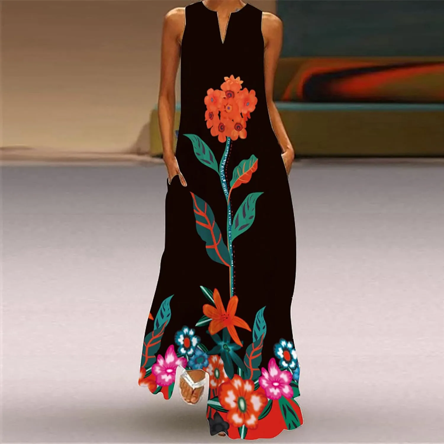 Womens Sleeveless Dresses Floral Dresses for Women V Neck Beach Hawaiian Maxi Long Summer Fall Dresses 2024