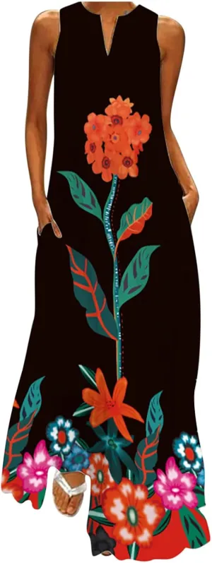 Womens Sleeveless Dresses Floral Dresses for Women V Neck Beach Hawaiian Maxi Long Summer Fall Dresses 2024