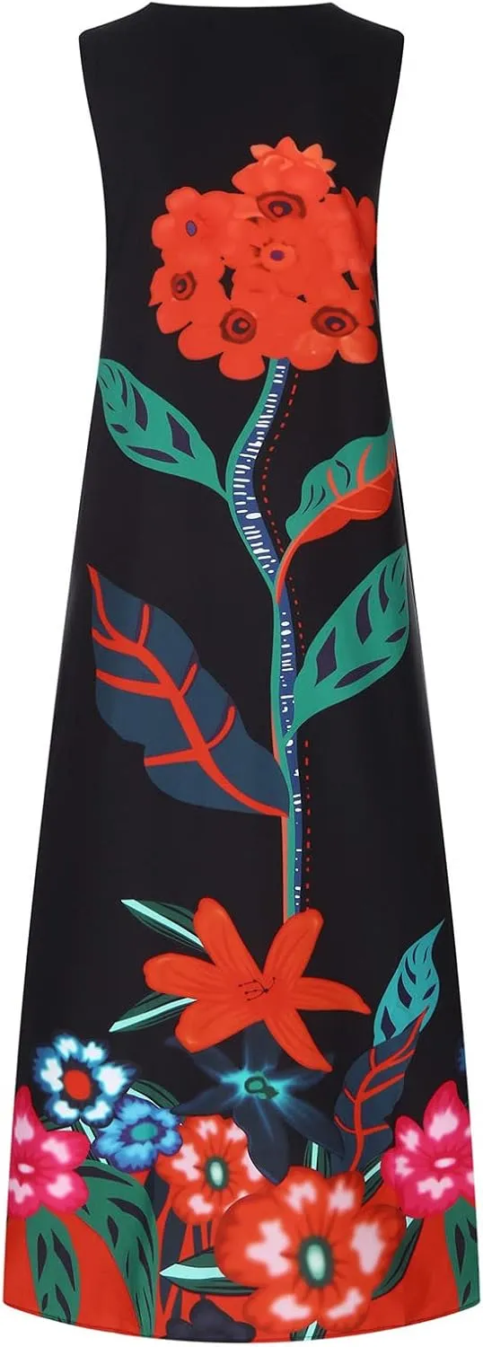 Womens Sleeveless Dresses Floral Dresses for Women V Neck Beach Hawaiian Maxi Long Summer Fall Dresses 2024