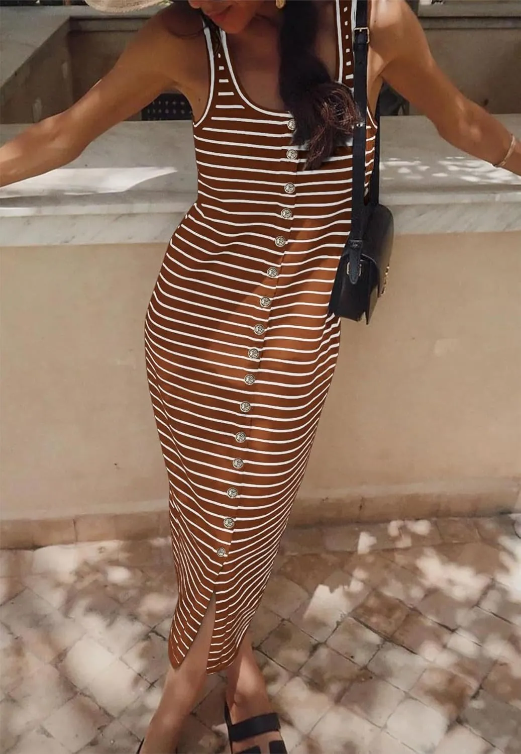 Women's Sleeveless Striped Dress Summer Casual Jumper Dresses U Neck Bodycon Dresses Fashion Trendy Outfits
