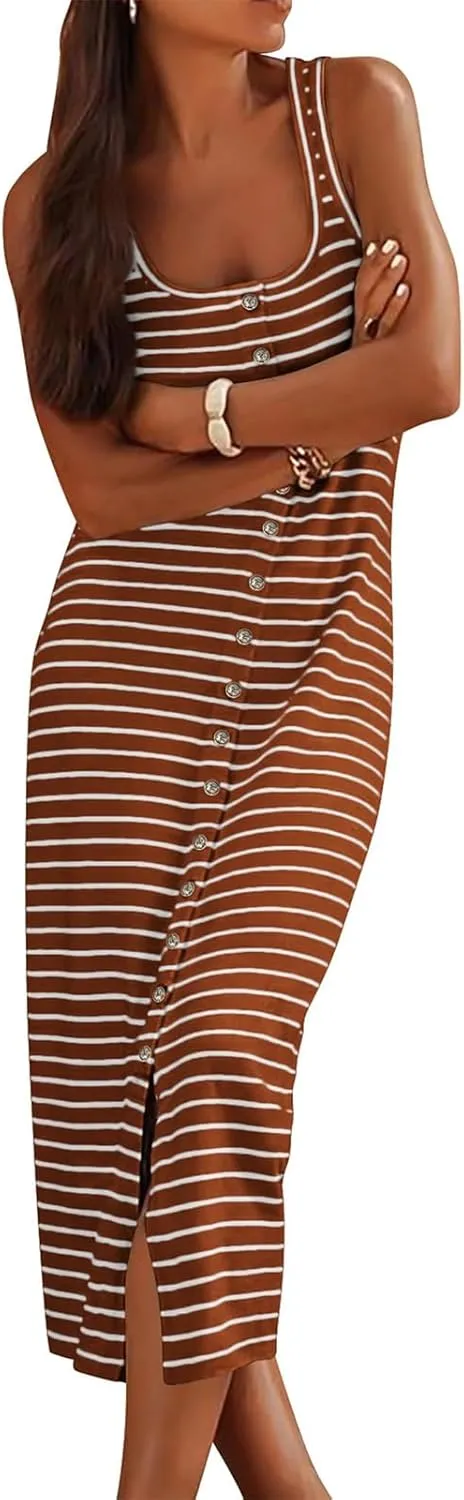 Women's Sleeveless Striped Dress Summer Casual Jumper Dresses U Neck Bodycon Dresses Fashion Trendy Outfits
