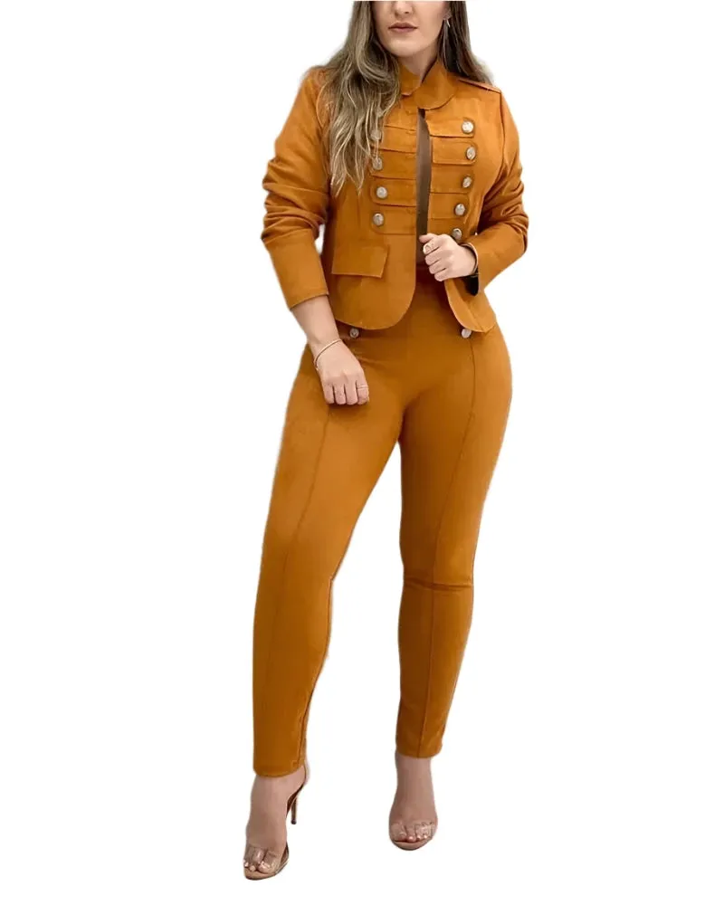 Women's Solid Color Double-Breasted Blazer and Pants Set – Stylish Office Suit