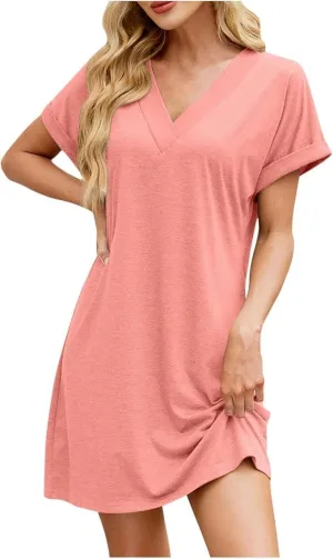 Women's Solid Color V-Neck Loose Short-Sleeved Casual Dress Summer Casual Beach Sundresses Work T Shirt Dresses