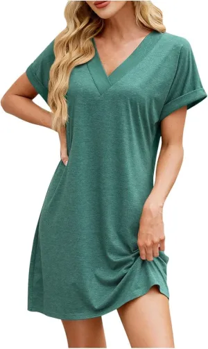 Women's Solid Color V-Neck Loose Short-Sleeved Casual Dress Summer Casual Beach Sundresses Work T Shirt Dresses