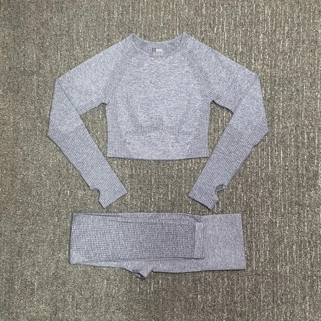 Women's Sportswear Yoga Set Gym Clothing Tracksuit Long Sleeve Crop Top High Waist Seamless Leggings for Fitness Sports Suit