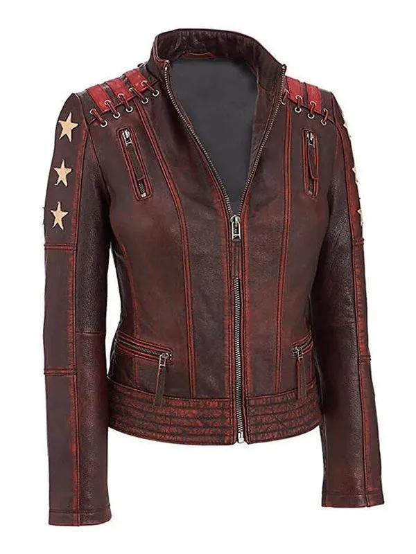 Women's Stars and Stripes Brown Vintage Leather Jacket