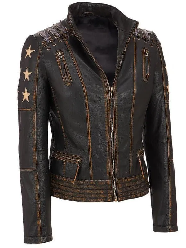 Women's Stars and Stripes Brown Vintage Leather Jacket