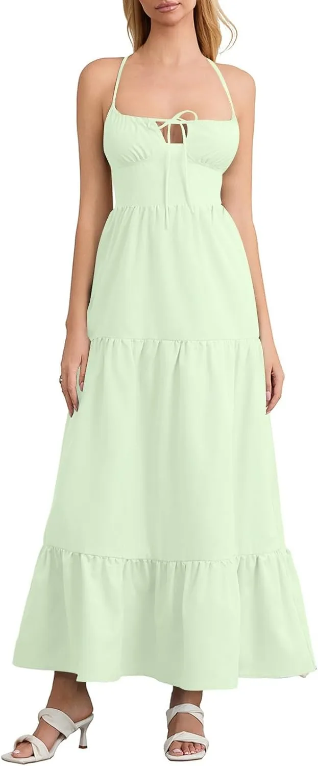Women's Strappy Backless A Hem Temperament Casual Vacation Dresses Sleeveless Spaghetti Strap Long Dress