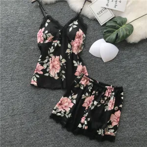 Women's Summer 2 Piece Outfits Scallop Trim Cami Tops and Floral Print Shorts Sets