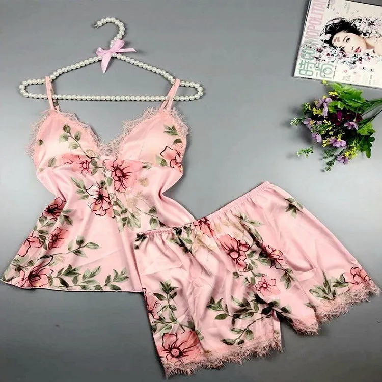 Women's Summer 2 Piece Outfits Scallop Trim Cami Tops and Floral Print Shorts Sets
