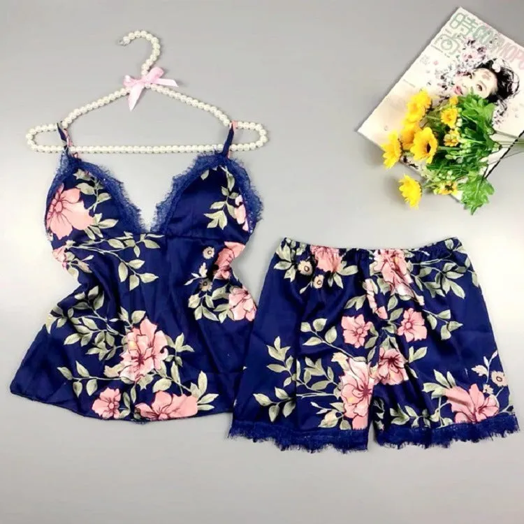 Women's Summer 2 Piece Outfits Scallop Trim Cami Tops and Floral Print Shorts Sets