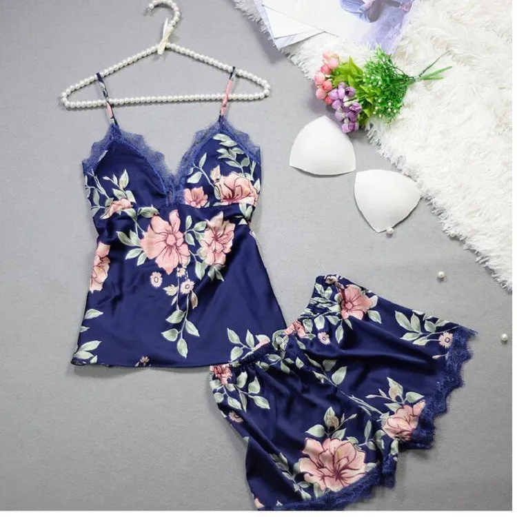 Women's Summer 2 Piece Outfits Scallop Trim Cami Tops and Floral Print Shorts Sets