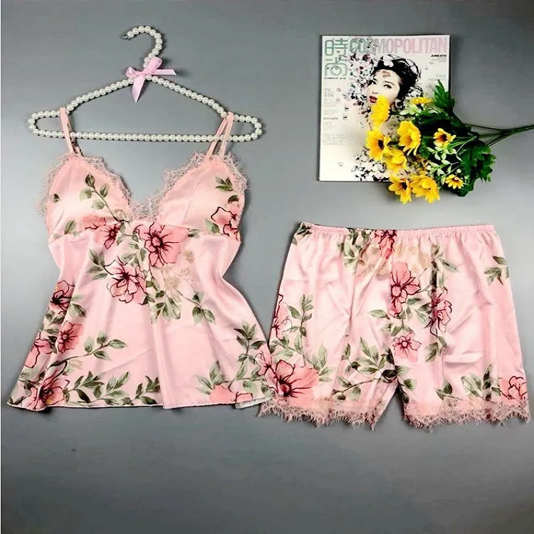 Women's Summer 2 Piece Outfits Scallop Trim Cami Tops and Floral Print Shorts Sets