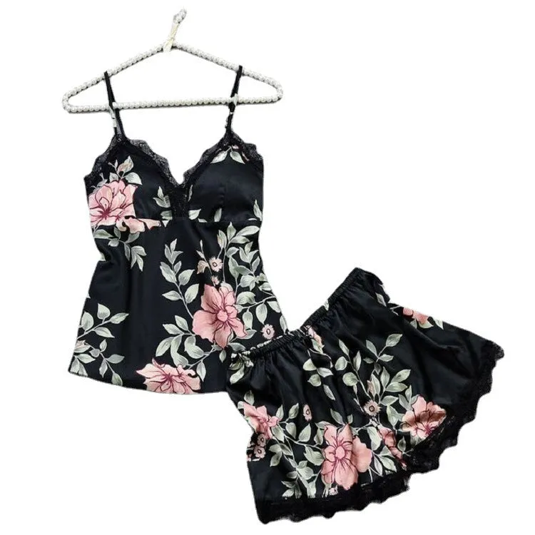 Women's Summer 2 Piece Outfits Scallop Trim Cami Tops and Floral Print Shorts Sets