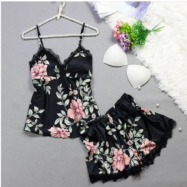 Women's Summer 2 Piece Outfits Scallop Trim Cami Tops and Floral Print Shorts Sets
