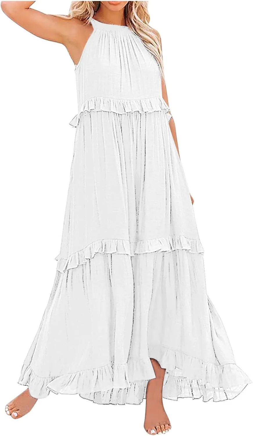 Womens Summer Boho Halter Maxi Dresses 2024 Casual Sleeveless Pleated Tiered Flowy Beach Vacation Long Dress
