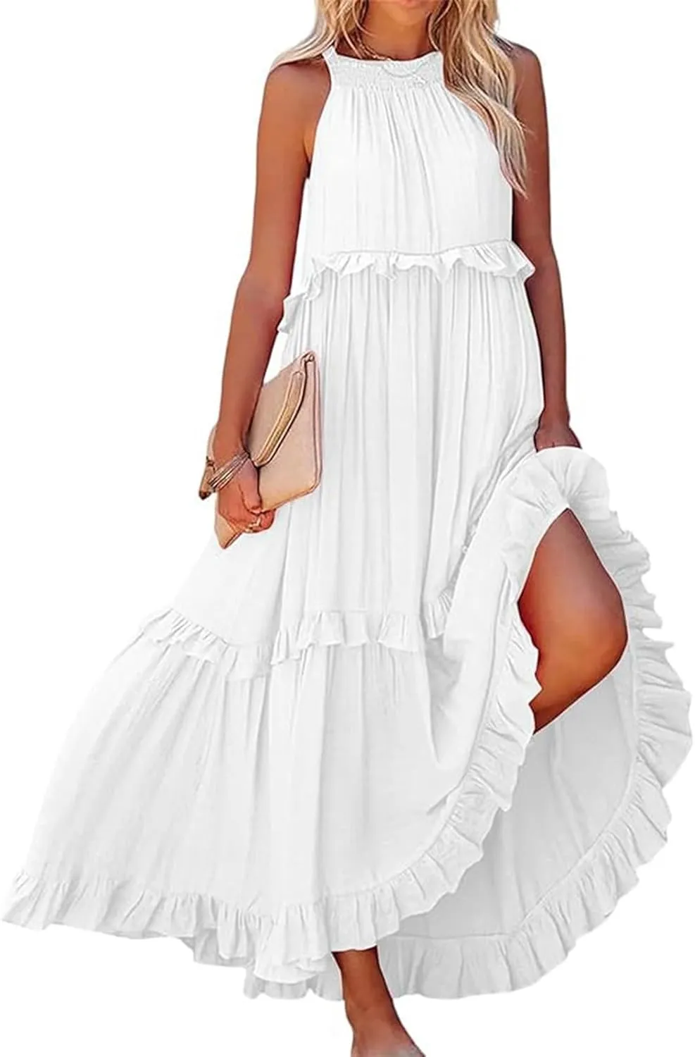 Womens Summer Boho Halter Maxi Dresses 2024 Casual Sleeveless Pleated Tiered Flowy Beach Vacation Long Dress