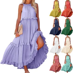 Womens Summer Boho Halter Maxi Dresses 2024 Casual Sleeveless Pleated Tiered Flowy Beach Vacation Long Dress