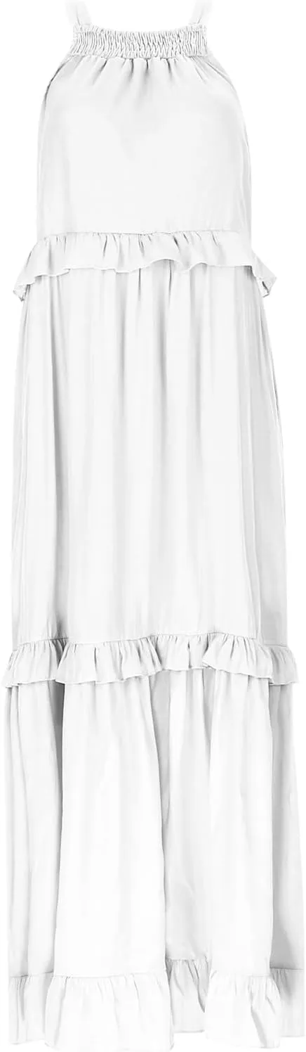 Womens Summer Boho Halter Maxi Dresses 2024 Casual Sleeveless Pleated Tiered Flowy Beach Vacation Long Dress