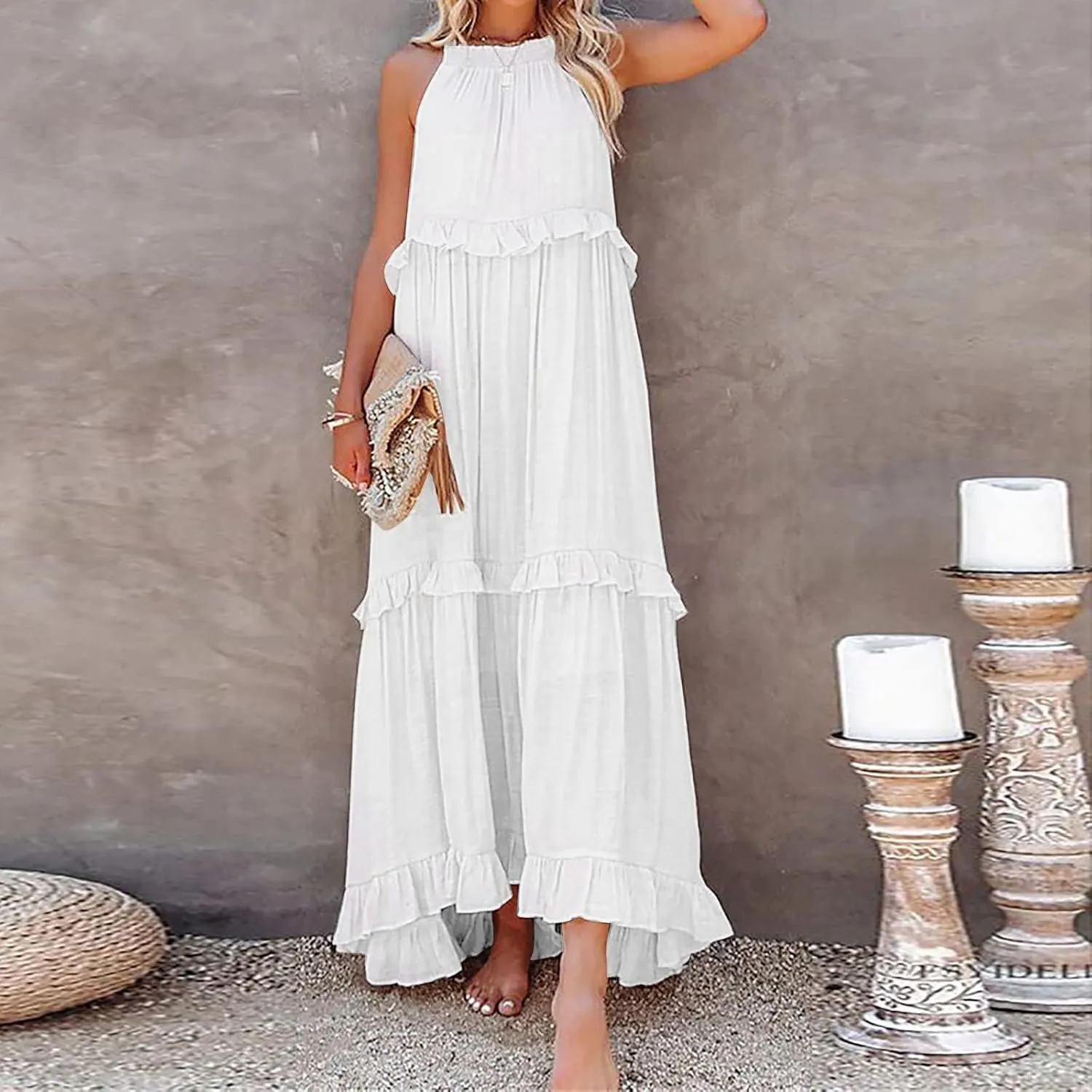 Womens Summer Boho Halter Maxi Dresses 2024 Casual Sleeveless Pleated Tiered Flowy Beach Vacation Long Dress