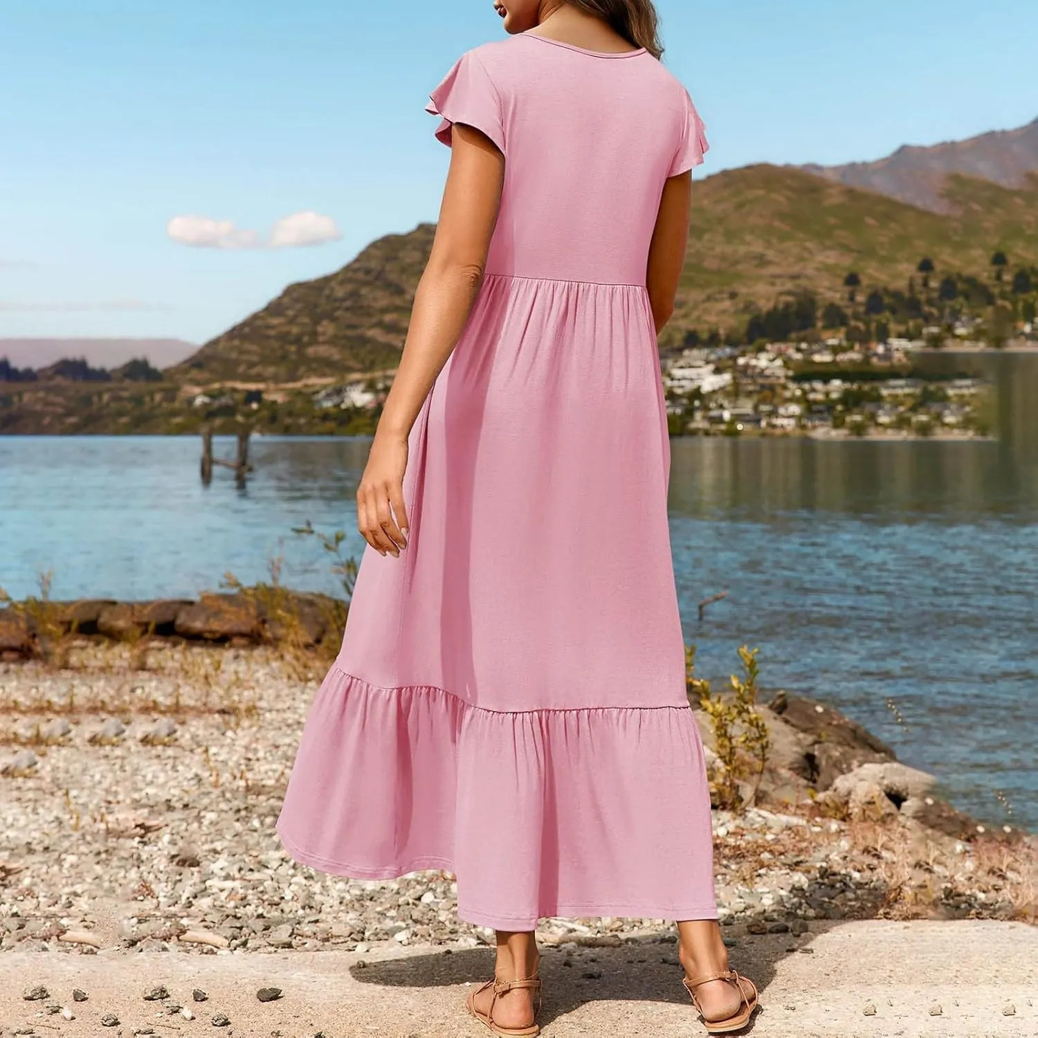 Womens Summer Casual Crewneck Swing Dress Casual Flowy Tiered Maxi Beach Dress with Pockets Dress