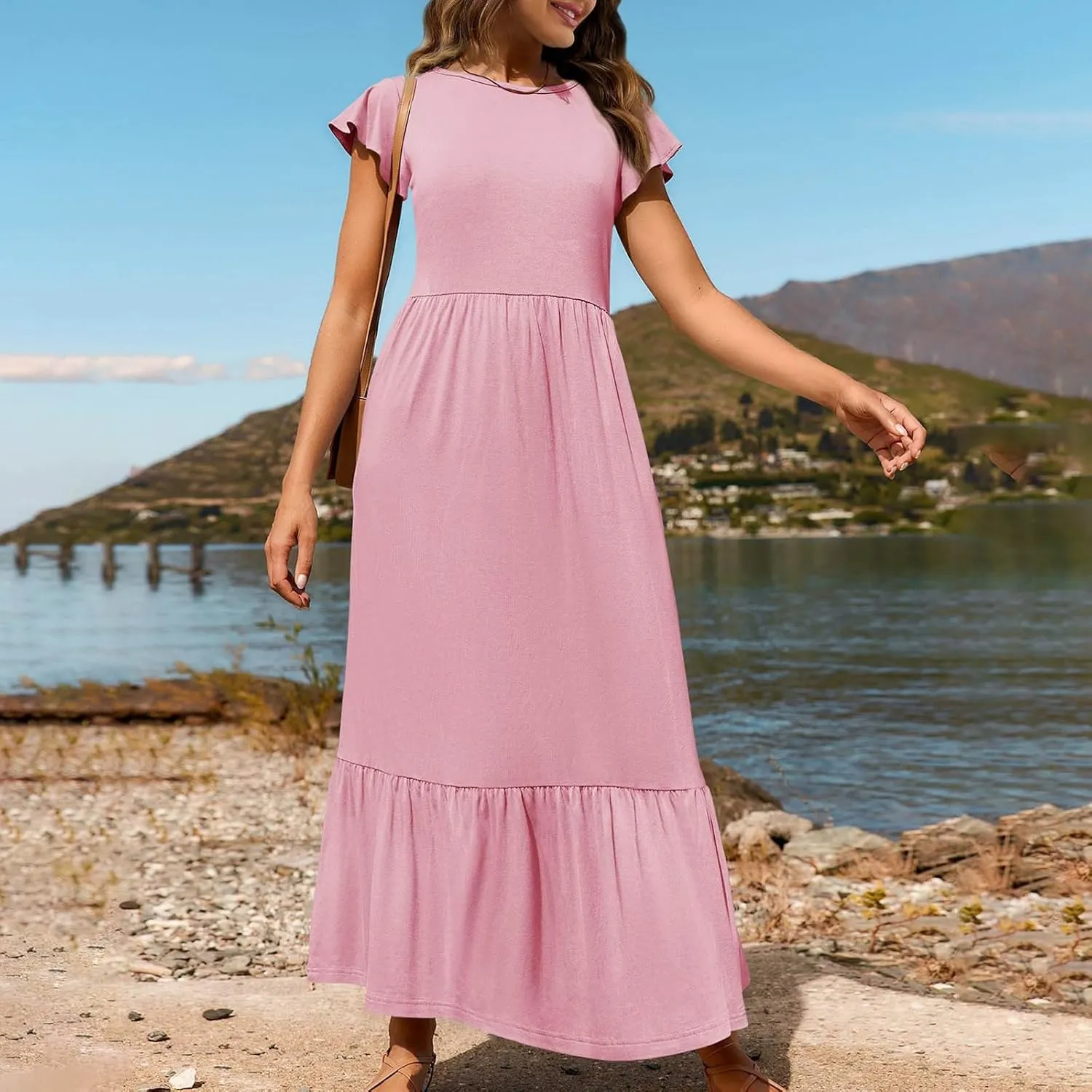 Womens Summer Casual Crewneck Swing Dress Casual Flowy Tiered Maxi Beach Dress with Pockets Dress