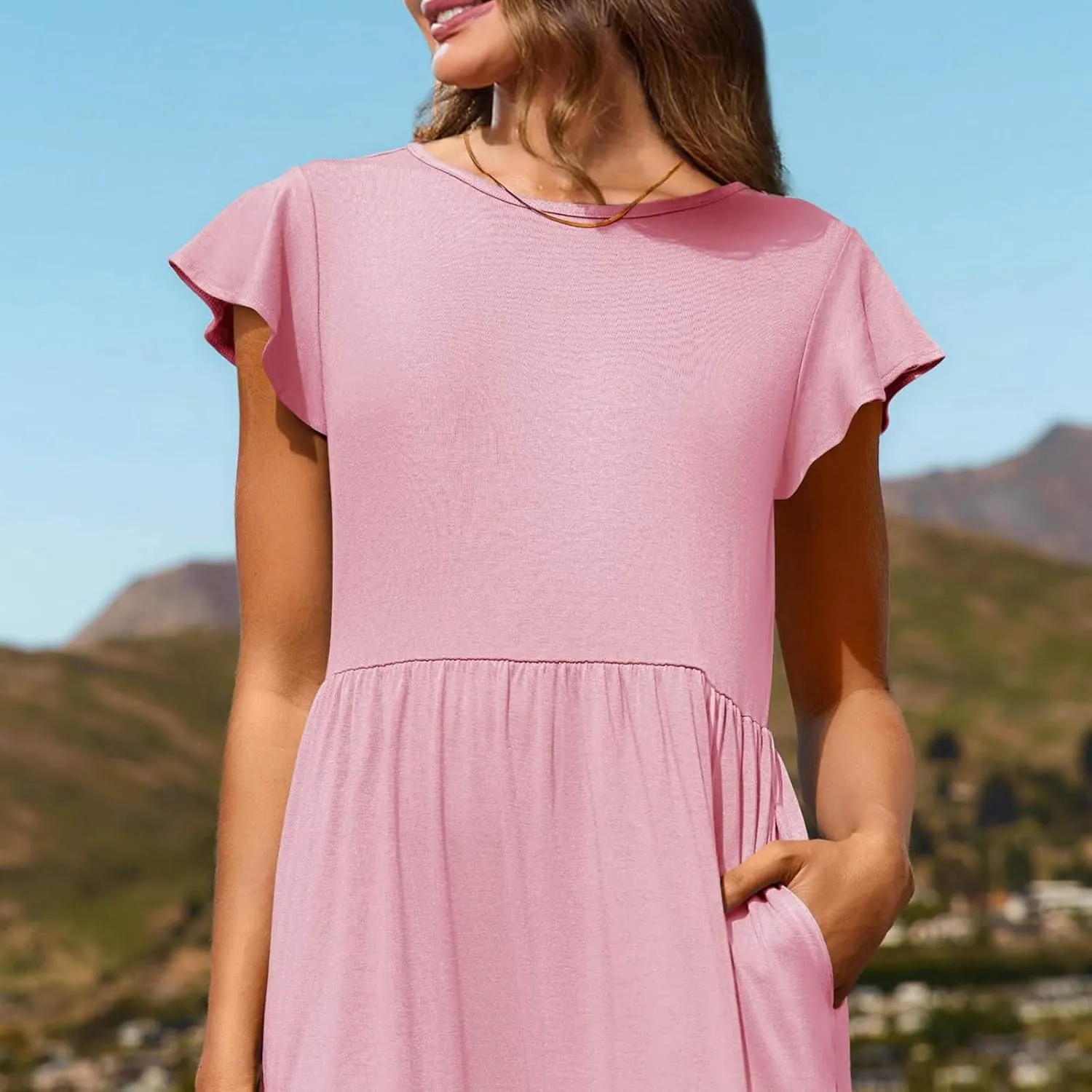 Womens Summer Casual Crewneck Swing Dress Casual Flowy Tiered Maxi Beach Dress with Pockets Dress