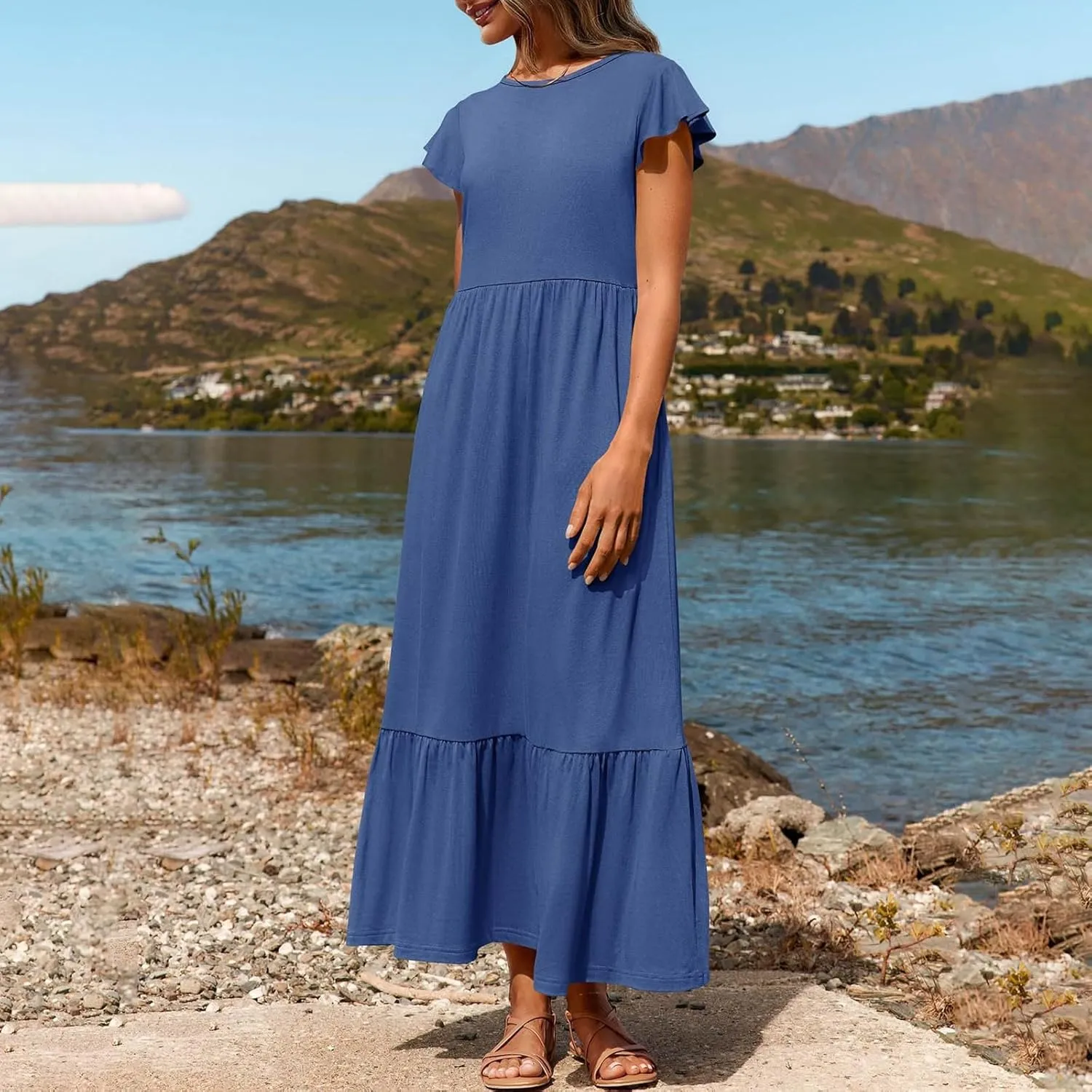 Womens Summer Casual Crewneck Swing Dress Casual Flowy Tiered Maxi Beach Dress with Pockets Dress