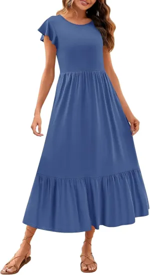 Womens Summer Casual Crewneck Swing Dress Casual Flowy Tiered Maxi Beach Dress with Pockets Dress