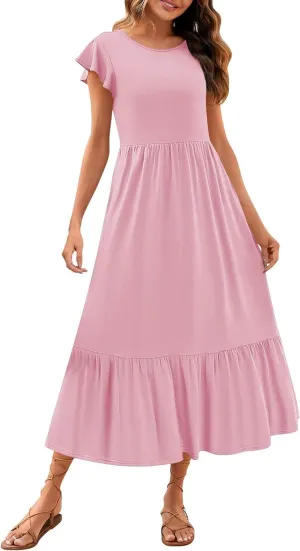 Womens Summer Casual Crewneck Swing Dress Casual Flowy Tiered Maxi Beach Dress with Pockets Dress