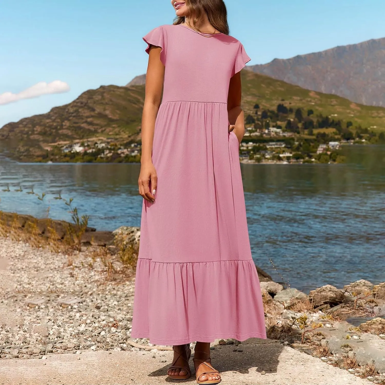 Womens Summer Casual Crewneck Swing Dress Casual Flowy Tiered Maxi Beach Dress with Pockets Dress