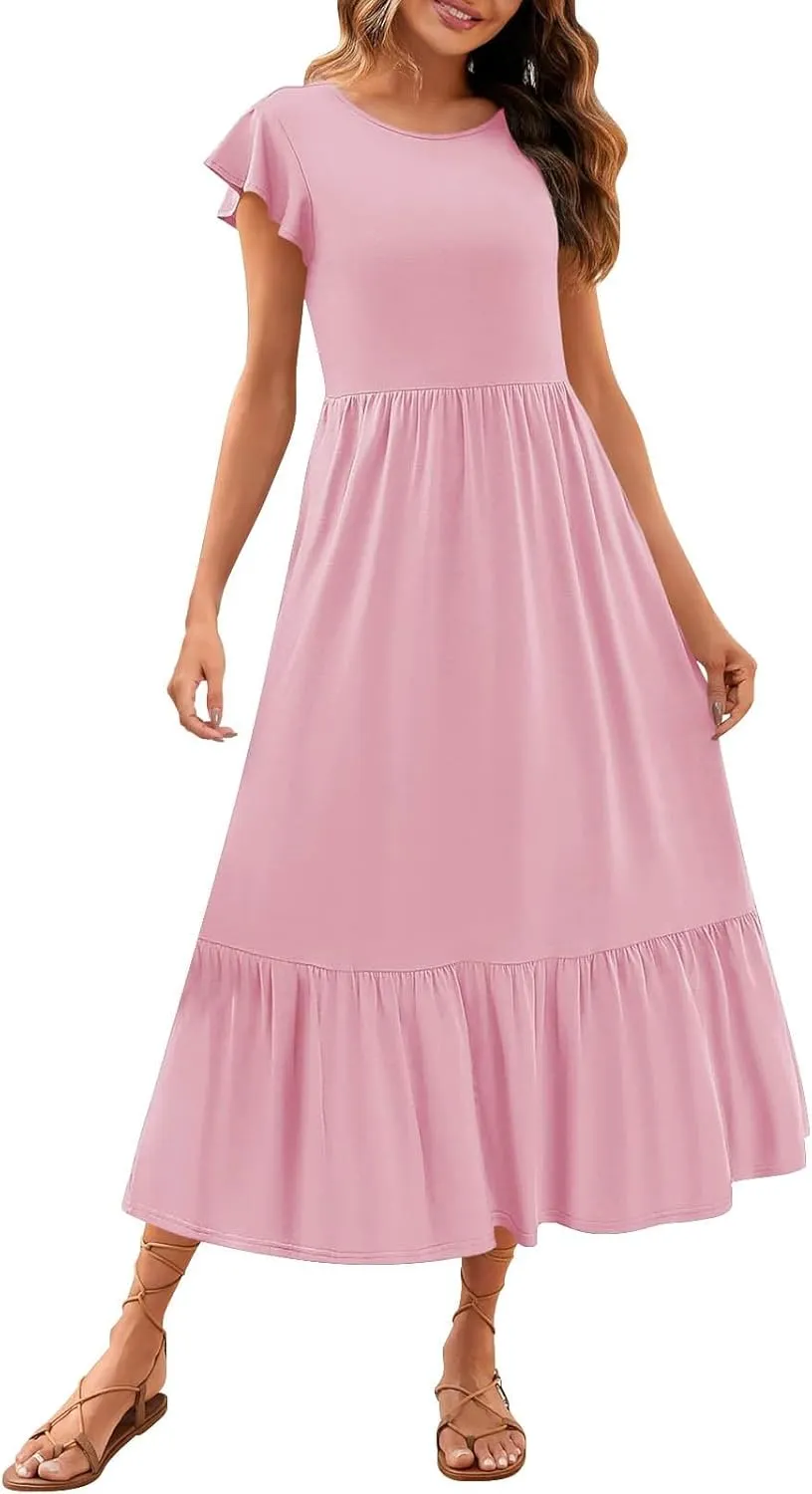 Womens Summer Casual Crewneck Swing Dress Casual Flowy Tiered Maxi Beach Dress with Pockets Dress