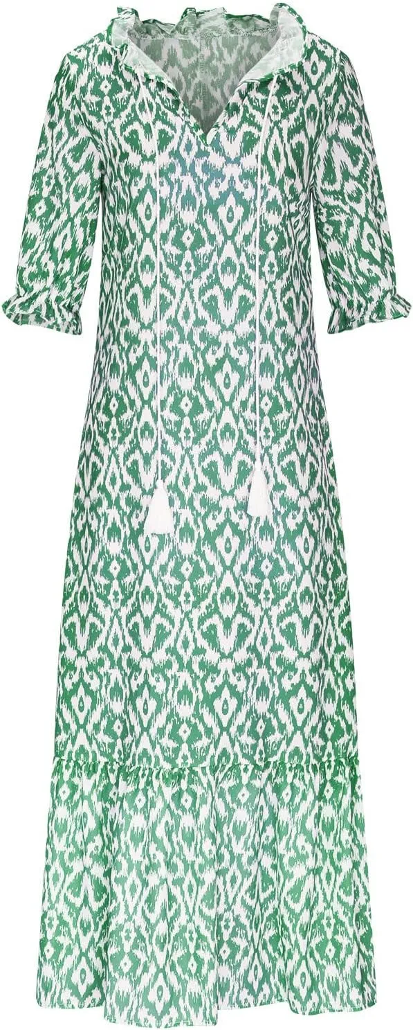 Womens Summer Casual Fashion Boho Swing Maxi Dress Half Sleeve V Neck Hawaiian Floral Flowy Long Dresses Sundress