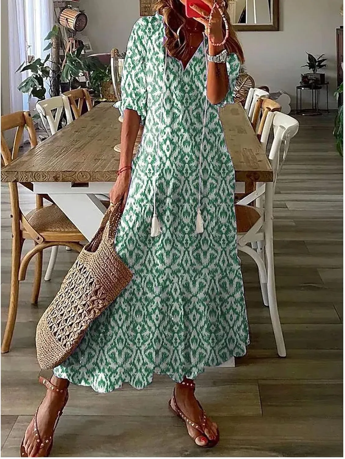 Womens Summer Casual Fashion Boho Swing Maxi Dress Half Sleeve V Neck Hawaiian Floral Flowy Long Dresses Sundress