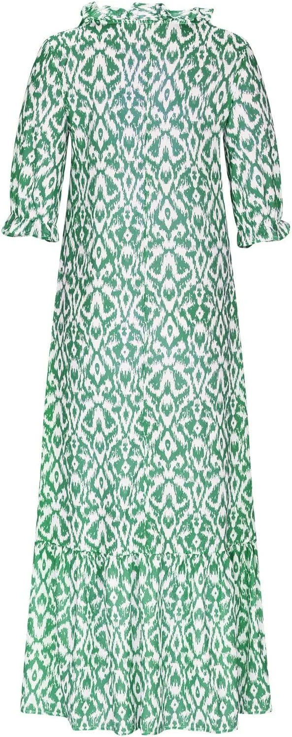 Womens Summer Casual Fashion Boho Swing Maxi Dress Half Sleeve V Neck Hawaiian Floral Flowy Long Dresses Sundress