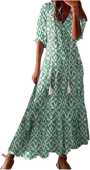 Womens Summer Casual Fashion Boho Swing Maxi Dress Half Sleeve V Neck Hawaiian Floral Flowy Long Dresses Sundress