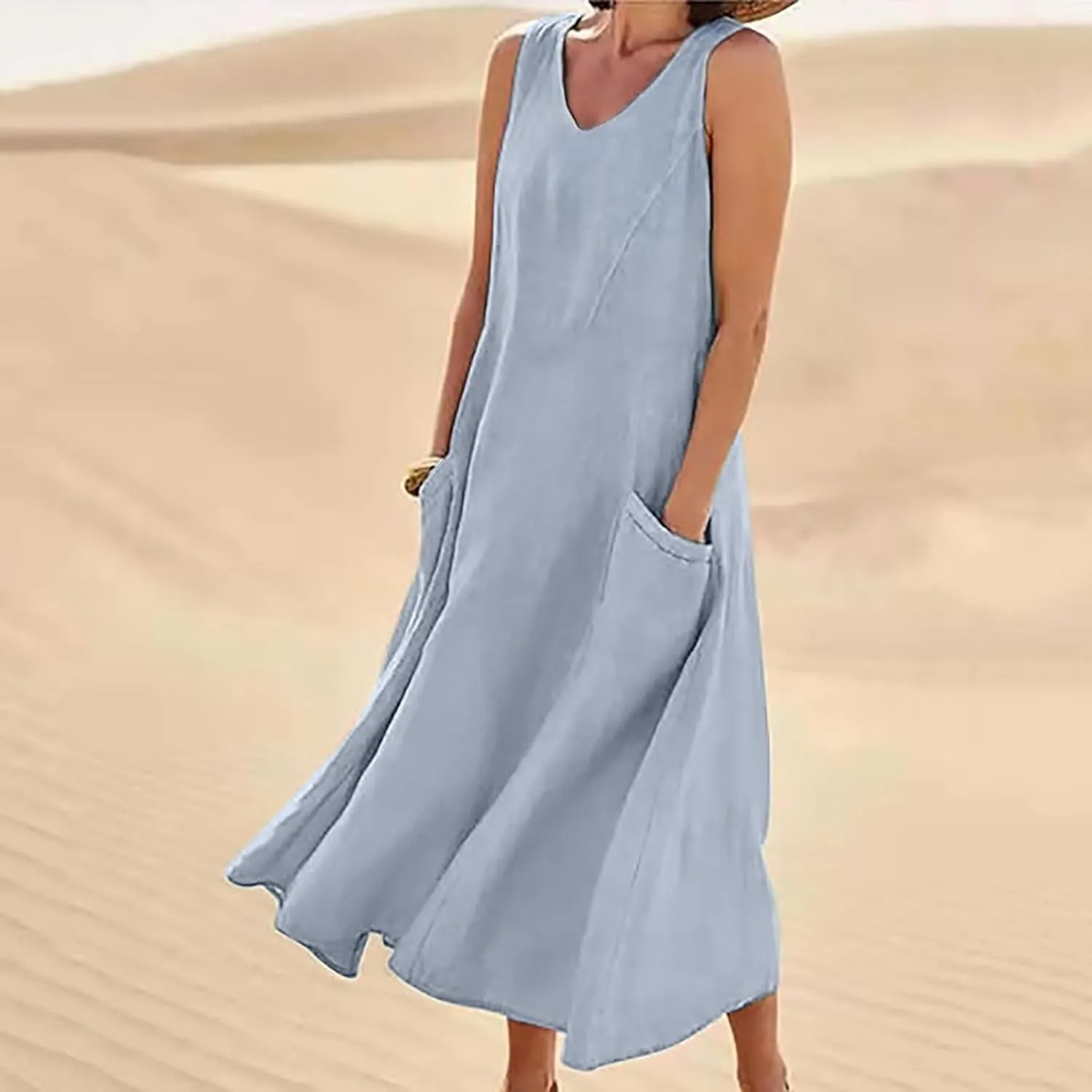 Women's Summer Casual Loose Sundresd Women's Summer Casual Sleeveless Long Maxi Beach Dress Cotton Linen Summer