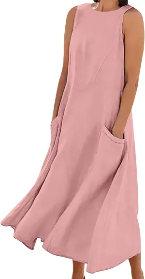 Women's Summer Casual Loose Sundresd Women's Summer Casual Sleeveless Long Maxi Beach Dress Cotton Linen Summer