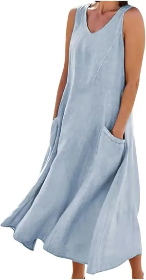 Women's Summer Casual Loose Sundresd Women's Summer Casual Sleeveless Long Maxi Beach Dress Cotton Linen Summer