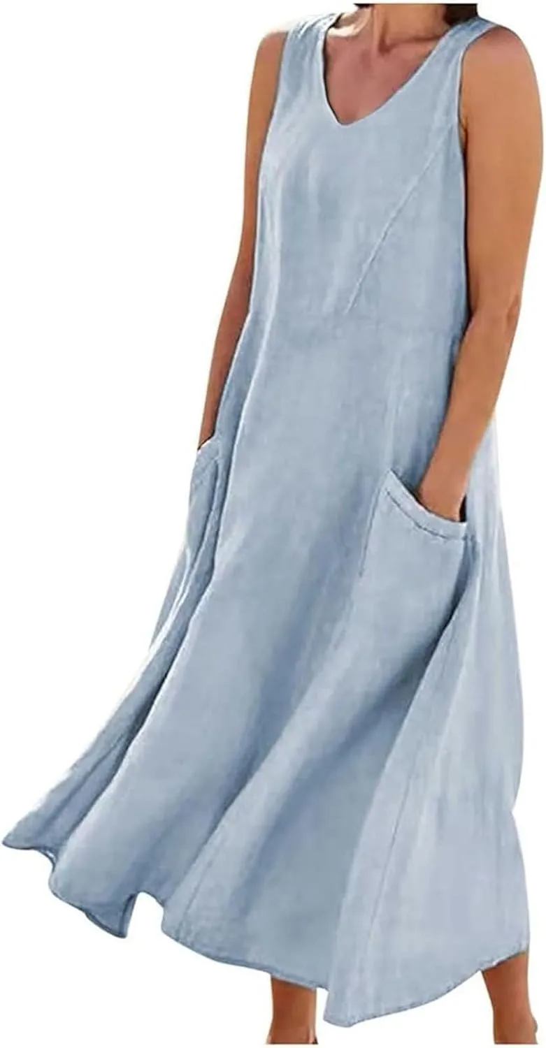 Women's Summer Casual Loose Sundresd Women's Summer Casual Sleeveless Long Maxi Beach Dress Cotton Linen Summer