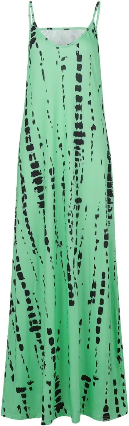 Women's Summer Casual Tie Dye Spaghetti Strap Floral Long Maxi Dress Casual Loose Bohemian Large Swing Dresses