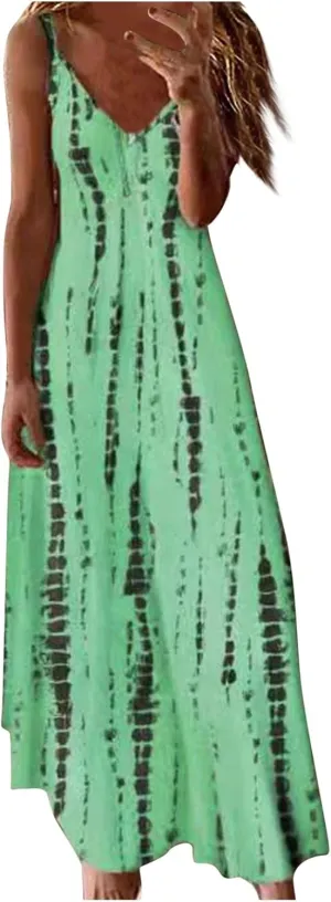 Women's Summer Casual Tie Dye Spaghetti Strap Floral Long Maxi Dress Casual Loose Bohemian Large Swing Dresses
