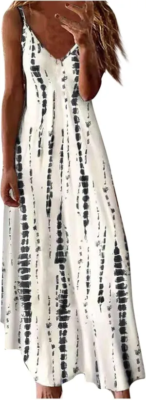 Women's Summer Casual Tie Dye Spaghetti Strap Floral Long Maxi Dress Casual Loose Bohemian Large Swing Dresses