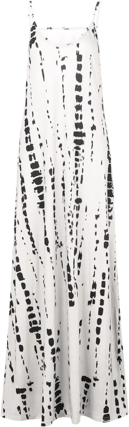 Women's Summer Casual Tie Dye Spaghetti Strap Floral Long Maxi Dress Casual Loose Bohemian Large Swing Dresses
