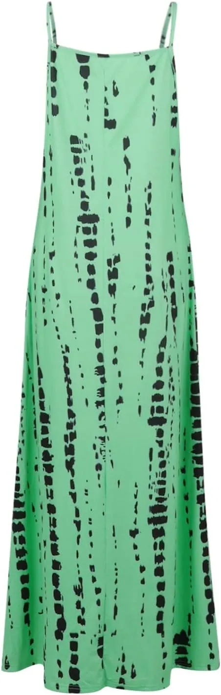 Women's Summer Casual Tie Dye Spaghetti Strap Floral Long Maxi Dress Casual Loose Bohemian Large Swing Dresses