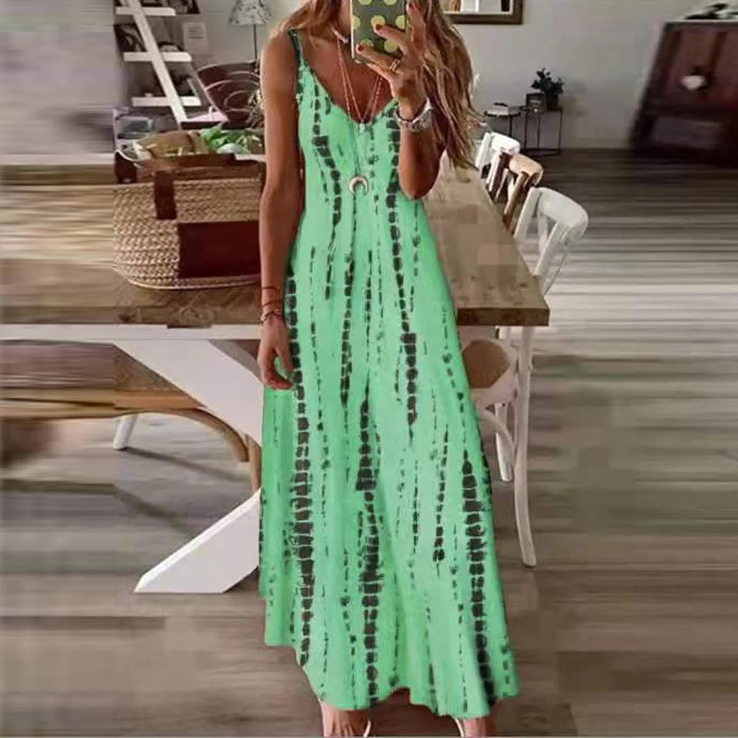 Women's Summer Casual Tie Dye Spaghetti Strap Floral Long Maxi Dress Casual Loose Bohemian Large Swing Dresses