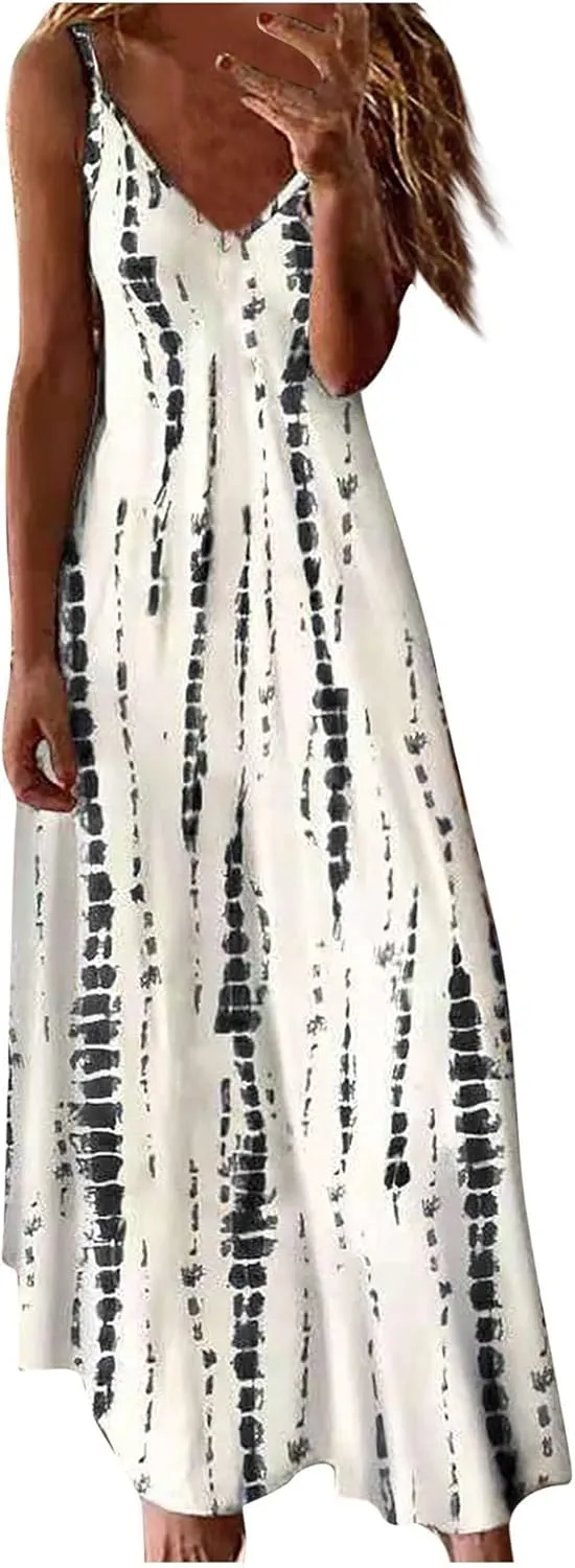 Women's Summer Casual Tie Dye Spaghetti Strap Floral Long Maxi Dress Casual Loose Bohemian Large Swing Dresses