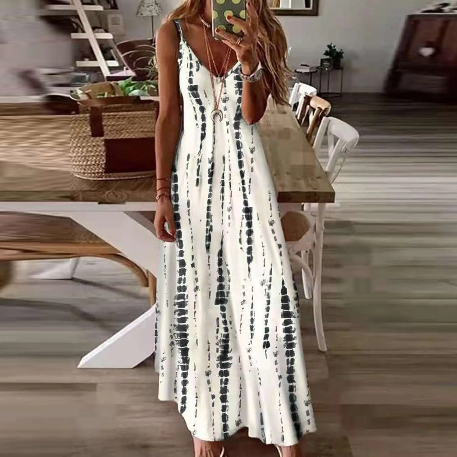 Women's Summer Casual Tie Dye Spaghetti Strap Floral Long Maxi Dress Casual Loose Bohemian Large Swing Dresses