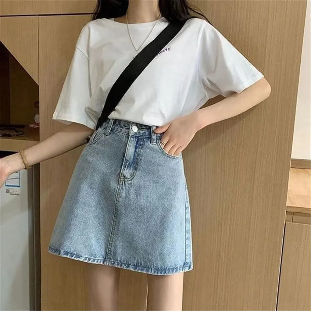 Women's Summer Casual Vintage Tassel Denim Mini Skirts High Waist A Line Plus Size Denim Skirts