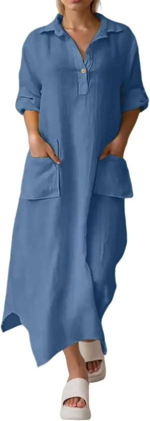 Women's Summer Cotton Linen Shirt Dress Sleeveless Elegant Flowy Dresses 2025 Button V Neck Loose Comfy Dress with Pockets